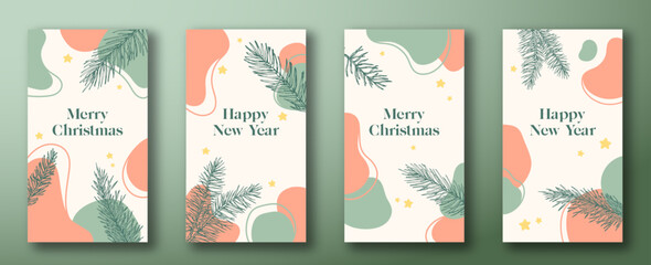 Wall Mural - Christmas and New Year Trendy Editable Templates Set. Abstract Shapes and Hand Drawn Pine Spruce Branches for Social Networks Stories. Social Media Holidays Greetings Cards or Banners Collection