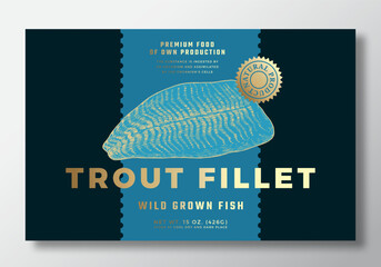 Wall Mural - wild trout fillet abstract vector packaging label design template. modern typography banner, hand dr