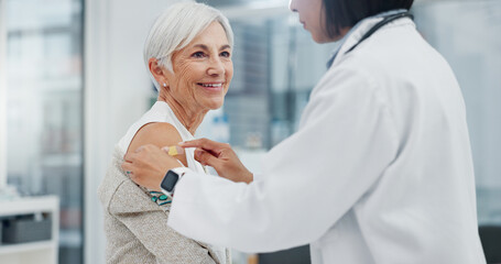 Poster - Medical, blood pressure or checkup with a doctor and patient in the hospital for a health appointment. Healthcare, insurance and consulting with a woman medicine professional and senior in a clinic