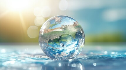 Wall Mural - transparent crystal sphere filled with sunlight on a water surface. glass globe with outlines of con