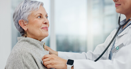 Poster - Doctor, stethoscope and senior woman breathing for cardiology exam, healthcare service and support or check. Heart, listening and medical professional, happy people or elderly patient in consultation