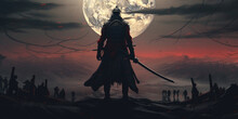 A Samurai With A Katana Stands Ready To Fight Against A Huge Army