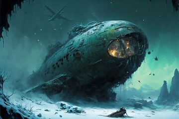 terrifying disaster crashed flying saucer on a frozen planet