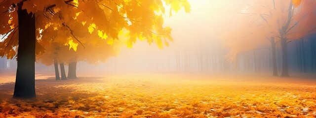 Sticker - Beautiful bright colorful autumn landscape with a carpet of yellow leaves and a light slight haze mist. Natural park with autumn trees on a bright sunny day.