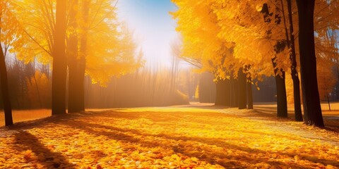 Wall Mural - Beautiful bright colorful autumn landscape with a carpet of yellow leaves. Natural park with autumn trees on a bright sunny day