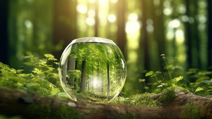 Wall Mural - transparent crystal sphere in a green forest filled with sunlight. grass and trees are reflected in 
