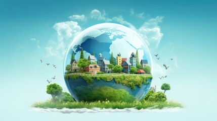 Wall Mural - symbolic image of the globe with elements of human activity and nature. environment, save clean plan