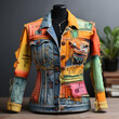 Women's jacket  from upcycled denim patches. Scrappy Quilt patch work fabric textile. 