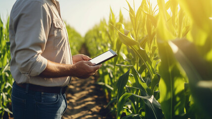 young farmer holding a tablet at a corn field,  checking the quality and progress in day light