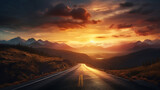 Fototapeta Niebo - empty road surrounded by mountains with sunset