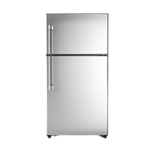 Transparent Backround Isolates Top Mount Fridge. Stainless Steel Double Door Refrigerator Viewed From The Side. Modern Kitchen And Household Appliances Include Frost Free Freezer.
