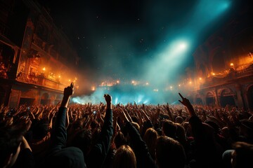 Wall Mural - A crowd of people at a live event, concert or party holding hands and smartphones up. 