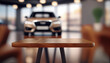Empty wooden table and blurred background of car showroom with bokeh lights, product display montage, Ai generated image 