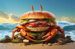 A giant hamburger with crab legs on a beach