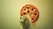 Halloween Concept Made Of Hot, Tasty Pizza And Zombie Hand. Creative Food Idea On Green Background.
