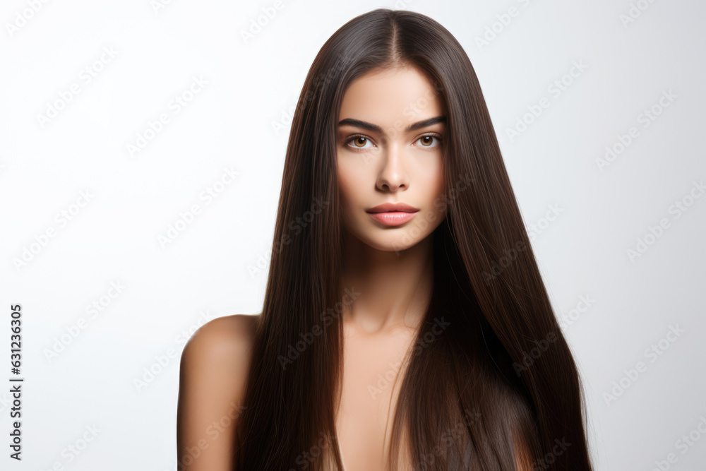 Woman With Brunette Straight Long Hair On White Background Stock Photo ...