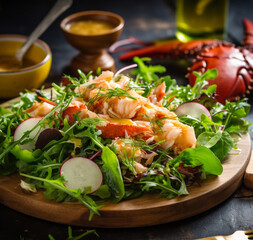 Lobster salad served on a wooden board with fresh arugula, radish, lettuce and topping on dark background. Crab meat salad close up. Seafood concept