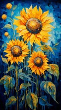 Digital Painting Of Vibrant Sunflowers Against A Serene Blue Backdrop Created With Generative AI Technology