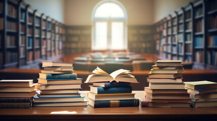 Poster - open book with piles of books on library background.created with generative ai technology.
