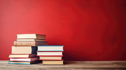 Poster - Stack of books on wooden table against a red background. Created with Generative AI technology.