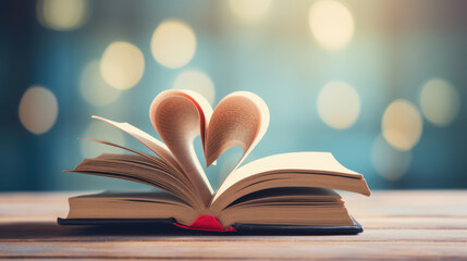 Poster - Open Book pages in shape of heart on blurred blue background.Created with Generative AI technology.
