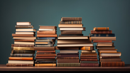 Poster - Stack of books on wooden table against a blue background. Created with Generative AI technology.