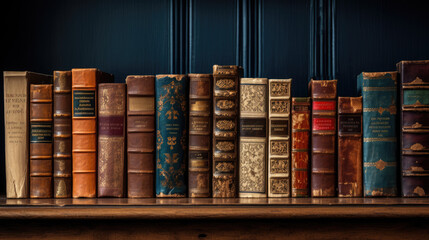 Poster - Old books in the shelf in library .Created with Generative AI technology.