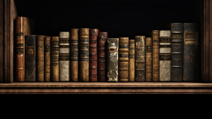 Poster - Old books in the shelf in library .Created with Generative AI technology.