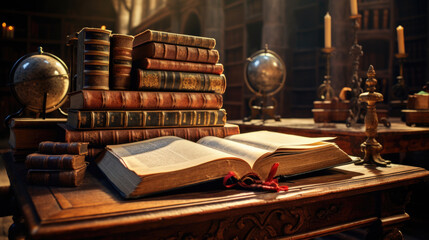 Poster - Opened Old book on wooden table in library.Created with Generative AI technology.