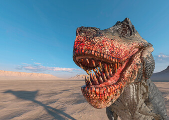 Wall Mural - tyrannosaurus is angry on sunset desert close up view