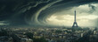 vista aerea de una ficticia paris, durante una tormenta espectacular,ilustracion de ia generativa