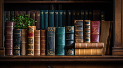 Poster - Old books in the shelf in library .Created with Generative AI technology.