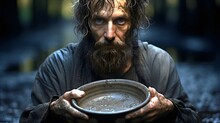 Close-up Of A Homeless Man With An Empty Plate In His Hands Begging For Food.