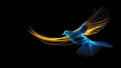 Wall Mural - yellow and blue dove in light flight, neon light, as a symbol of Ukraine peace and freedom, on dark background. peace and freedom concept .....