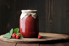 Strawberry Jam In Glass Can With Fresh Berry And Leaf On Wood And Rustic Background, Cottagecore Aesthetic, Copy Space, Batch Cooking, Sustainable Living, Zero Waste Storage Concept