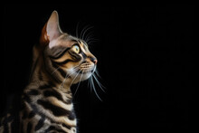 Portrait Of Cat Bengal In Profile On Black Matte Background. Empty Space. Generative AI