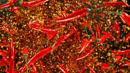 Poster - super slow motion of flying and rotating red chilli peppers. filmed on high speed cinema camera, 100