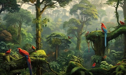 Sticker -  a painting of a jungle with parrots and other birds.  generative ai