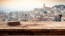 The Empty Wooden Table Top With Blur Background Of The Old Town Dubrovnik . Generative AI Image AIG30.
