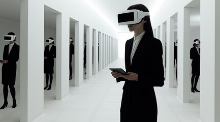 In a dystopian, futuristic world, a woman stands confidently in an art gallery, wearing virtual reality goggles and a fashionable coat, embodying the potential of technology