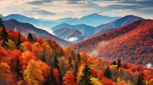  A Scenic View Of A Mountain Range With Colorful Trees In The Foreground.  Generative Ai