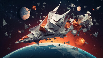 Wall Mural - flying space with a flying rocket. mixed media, generative ai