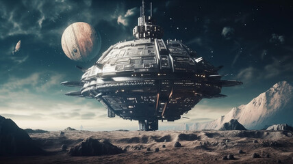 Wall Mural - futuristic alien ship in the planet earth. fantasy landscape., generative ai