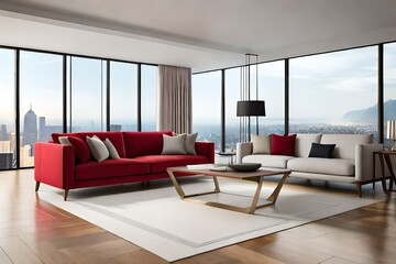 modern living room with red sofa generated by AI