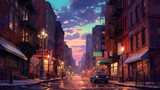 Fototapeta  - A illuminated buildings and streets at twilight. AI generated