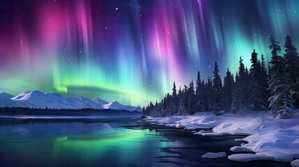 a painting of the aurora bore over a lake and snow covered mountains. generative ai