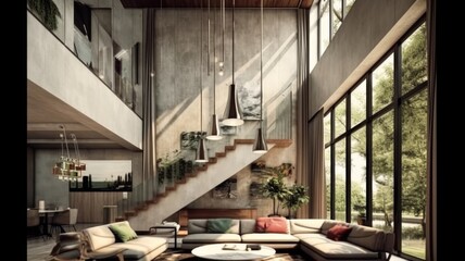 Wall Mural - A spacious modern loft living room with high ceiling and wooden straight stairs among the view of the trees. Generative AI AIG27.