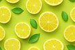© dinastya - Lemons with slices on yellow background seamless pattern, lemon tile ornament, citrus repeat texture for wrapping paper or textile print. 3d render cartoon illustration style.
