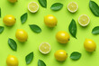 © dinastya - Lemons with slices on green background seamless pattern, lemon tile ornament, citrus repeat texture for wrapping paper or textile print. 3d render cartoon illustration style.