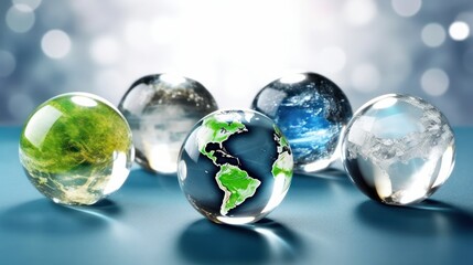 Wall Mural - transparent crystal spheres filled with sunlight on blue surface. glass globes with outlines of cont